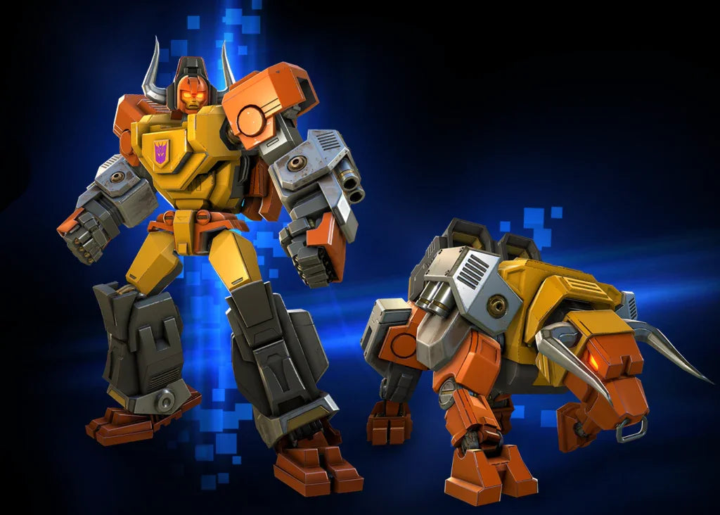 Tantrum robot Transformers jaune et orange en mode robot et buffle mécanique sur fond bleu – Transformers.