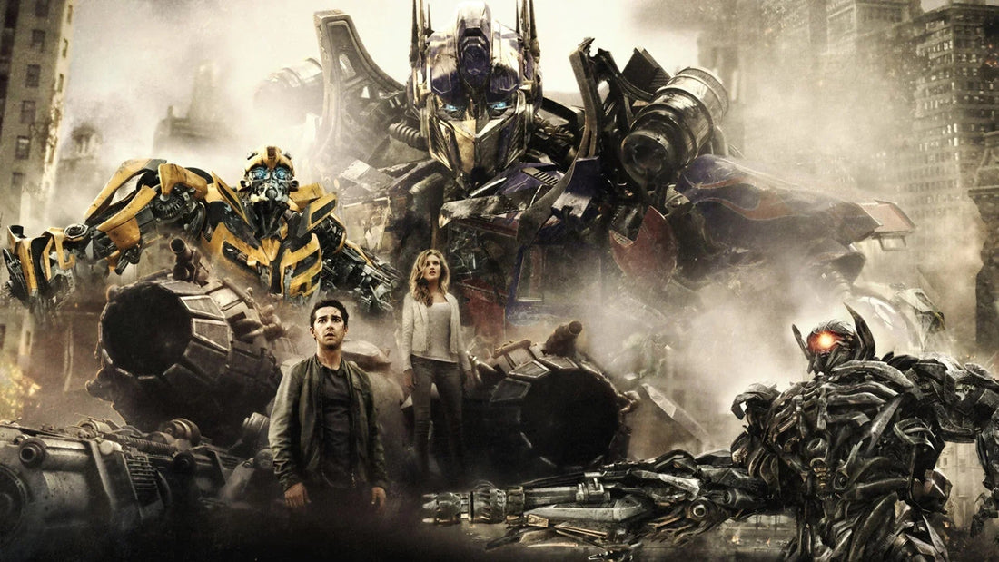 Affiche Transformers HD, Optimus Prime et Bumblebee en avant, robots et humains, décor urbain détruit – Transformers.