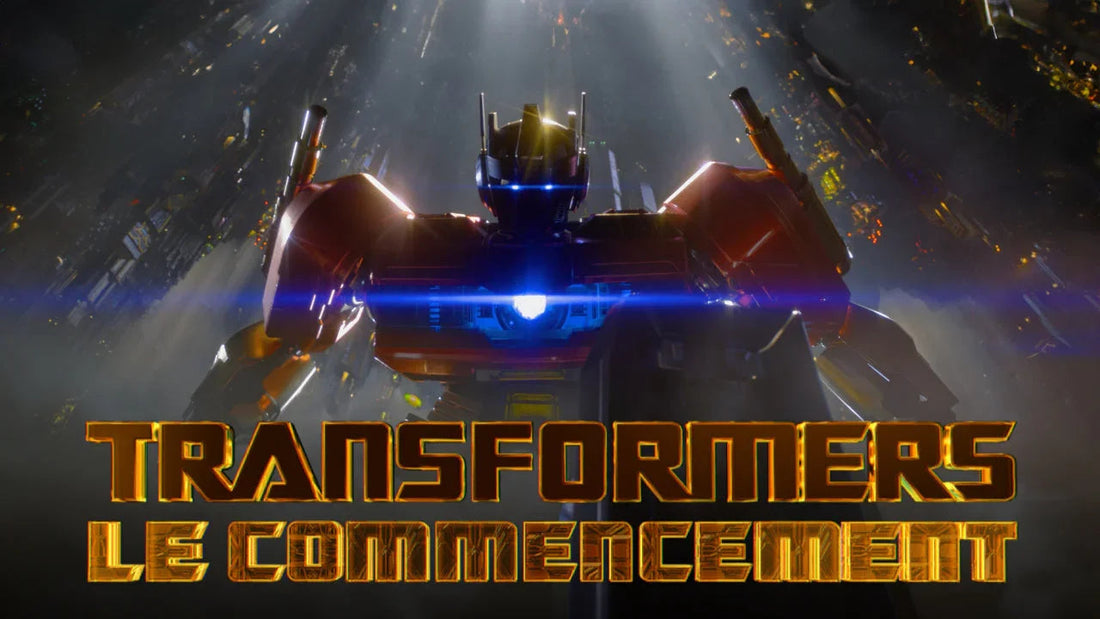 Affiche avec robot de face, lumière bleue, décor futuriste, texte Transformers Le Commencement – Transformers.