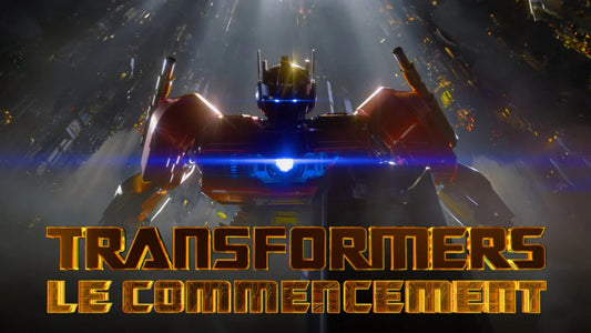 Affiche avec robot de face, lumière bleue, décor futuriste, texte Transformers Le Commencement – Transformers.