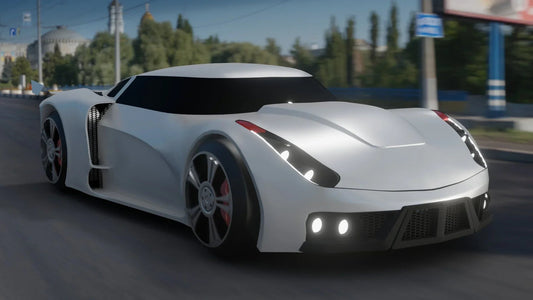 Voiture futuriste blanche, finition lisse, jantes sport et phares LED, en mouvement – Transformers.