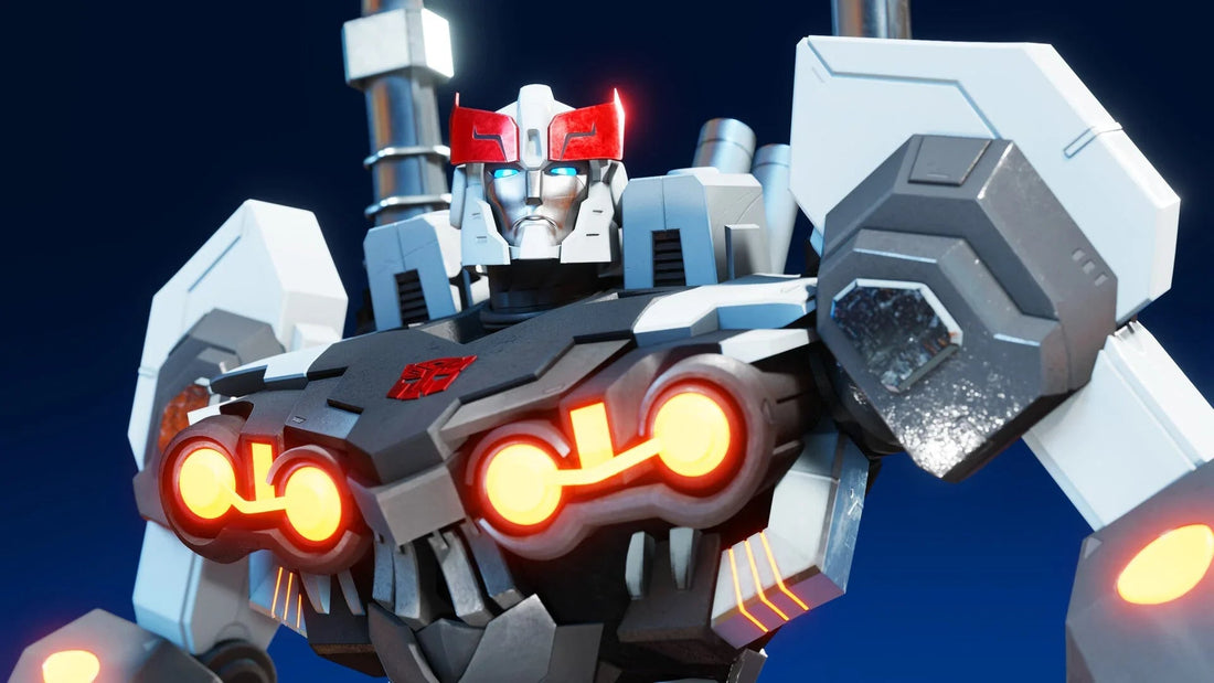 Robot Transformers stylisé, armure blanche et grise, yeux bleus, lueurs rouges, fond bleu – Transformers.