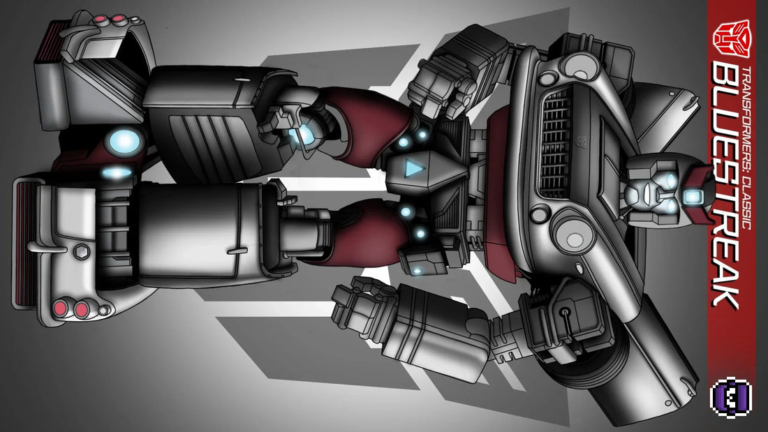 Bluestreak robot classique argenté et rouge en position debout sur fond gris stylisé – Transformers.