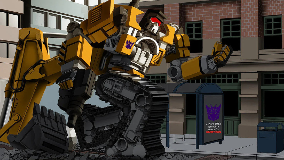 Robot jaune Scavenger type pelleteuse, posture dynamique en ville, style dessin animé – Transformers.