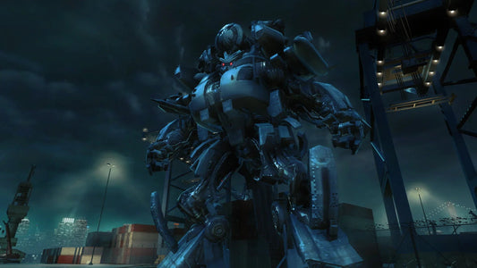 Robot géant gris métallique, posture de combat, port industriel nocturne, ciel sombre – Transformers.