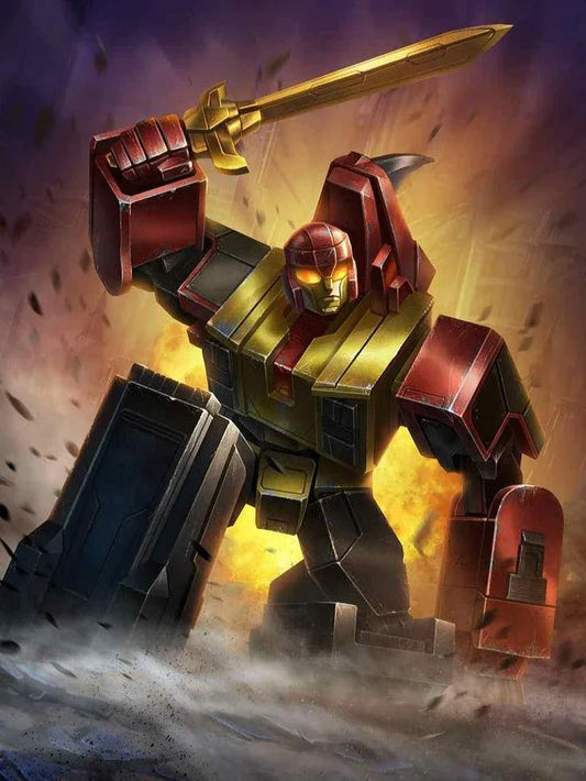 Robot Transformers rouge et doré brandissant une épée dorée, fond explosif, style dynamique – Transformers.