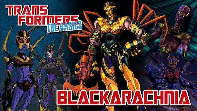 Blackarachnia robot araignée dans différentes poses, couleurs dorées et violettes, style animé – Transformers.