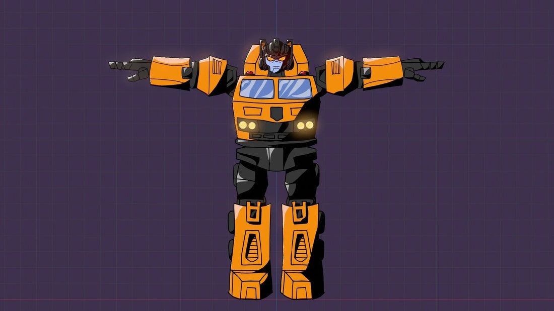 Concept art Grapple, robot orange debout bras écartés, style animé, fond violet – Transformers.