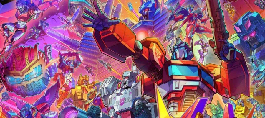 Optimus Prime au centre, bras levé, entouré d'autres robots colorés sur fond futuriste lumineux – Transformers.