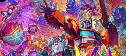 Optimus Prime au centre, bras levé, entouré d'autres robots colorés sur fond futuriste lumineux – Transformers.