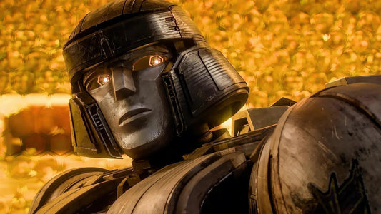 Poster HD du film Transformers One avec Megatron robot métallique, fond doré lumineux – Transformers.