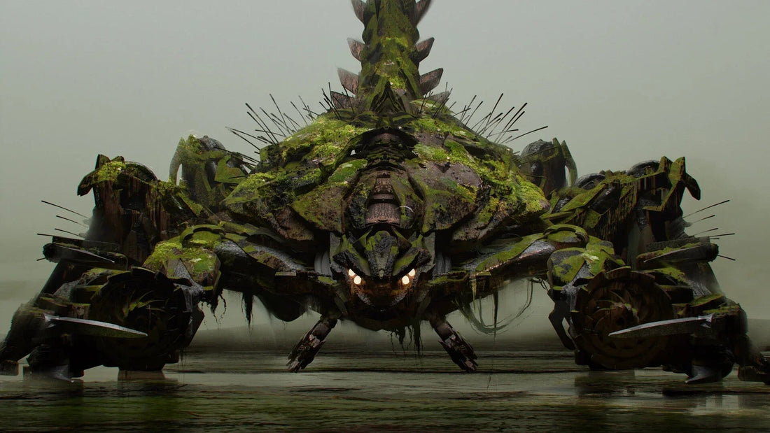 Scorponok Transformers, robot scorpion mécanique couvert de mousse, posé sur un sol humide – Transformers.