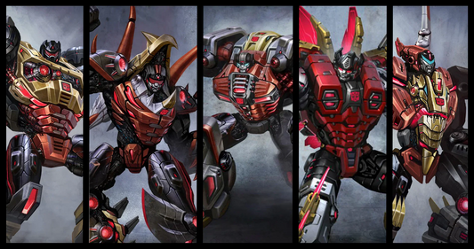 Illustration de robots Dinobots métalliques rouges et or, posant sur fond gris – Transformers.