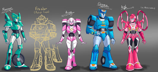 Illustration redesign des principales filles G1 Transformers, robots colorés en pose de face sur fond gris – Transformers.