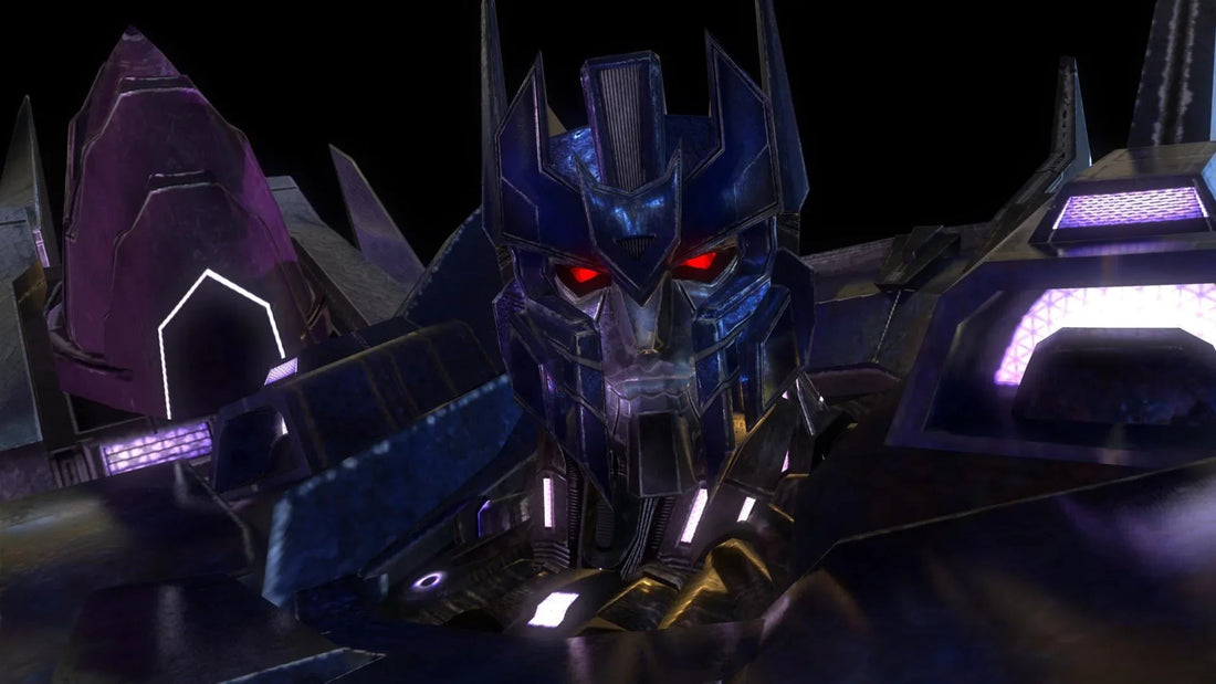Robot sombre aux yeux rouges, armure métallique violette et décor futuriste – Transformers.