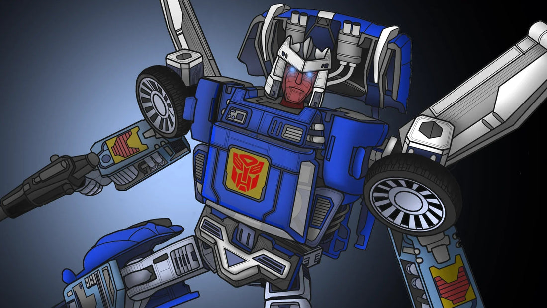 Robot bleu au style dessin animé, posture dynamique, logo Autobot rouge sur la poitrine – Transformers.