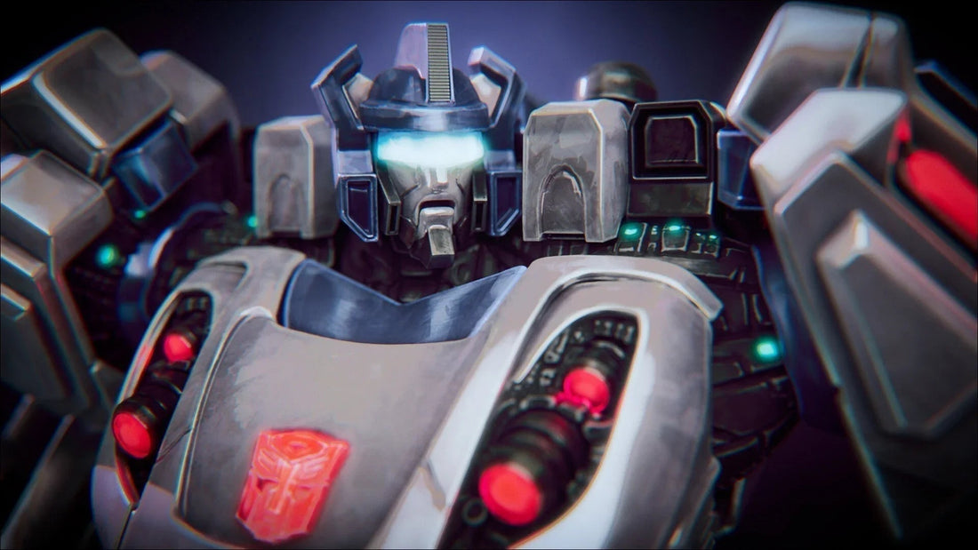 Gros plan sur un robot Jazz Transformers argenté, yeux lumineux bleus, décor futuriste – Transformers.