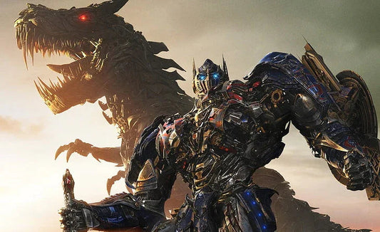 Affiche de Transformers L’âge de l’extinction montrant un robot et un dinosaure mécanique en arrière-plan – Transformers.