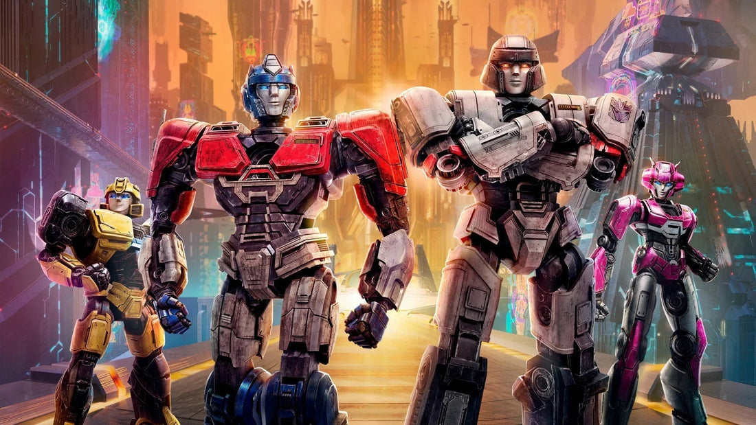 Affiche Transformers One avec robots colorés en pose héroïque sur fond de ville futuriste – Transformers.