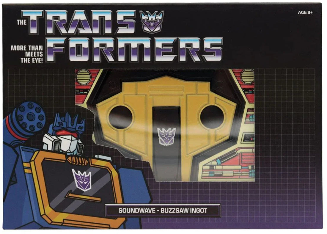 Réplique cassette Buzzsaw dorée en boîte, illustration Soundwave et logo Decepticon – Transformers.