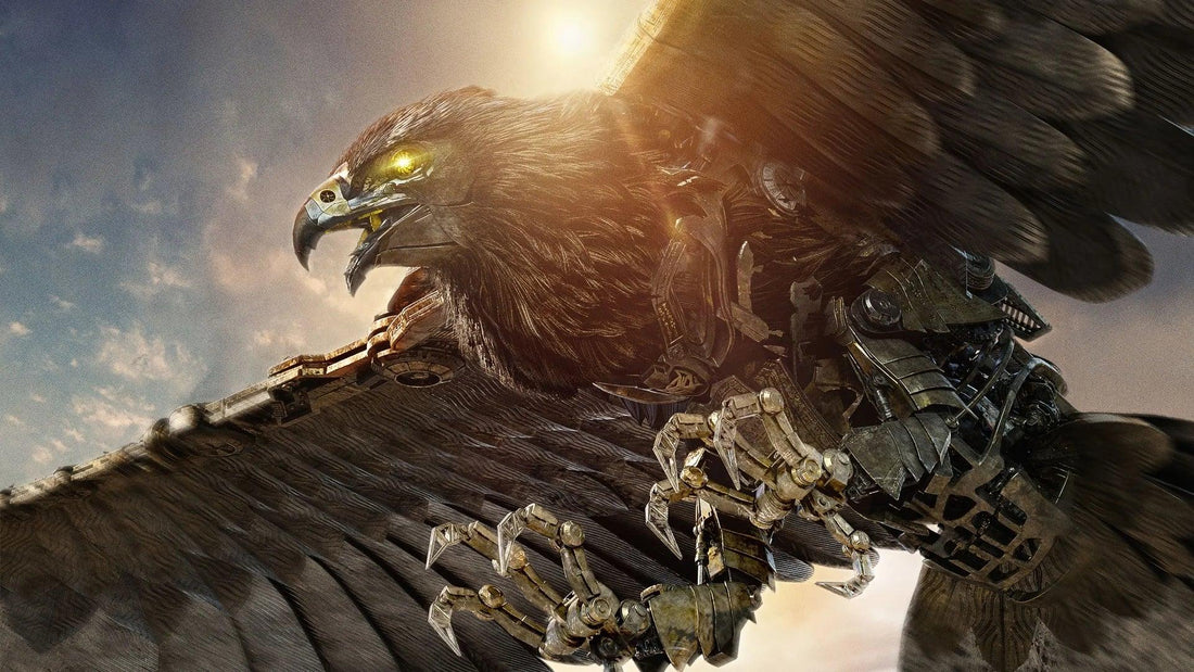 Airazor robot faucon en vol, plumes et pièces métalliques, ciel en arrière-plan – Transformers.