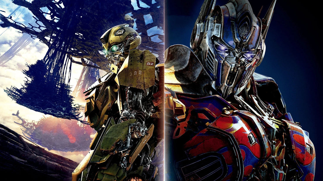 Poster Transformers montrant deux robots, Bumblebee jaune et Optimus Prime bleu-rouge, fond futuriste – Transformers.