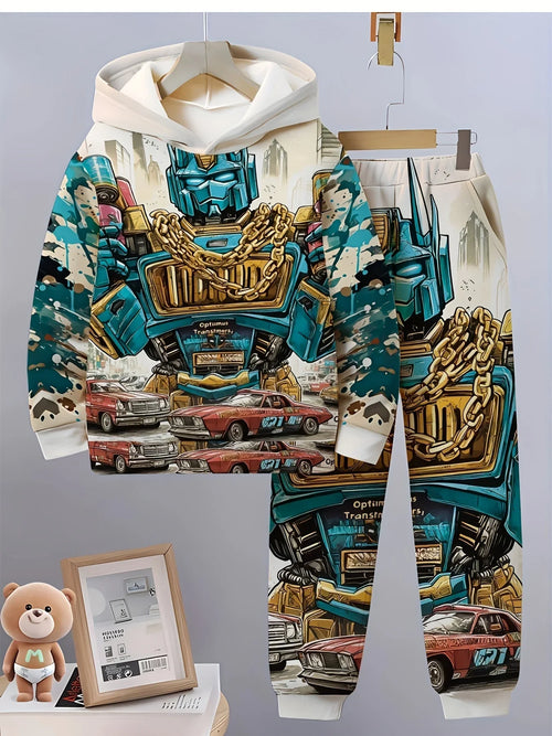 Ensemble enfant à capuche imprimé Optimus Prime bleu or avec voitures et immeubles, style urbain – Transformers.