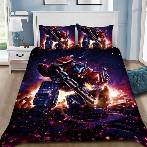 Housse de couette robot guerrier rouge et bleu, motif dynamique sur fond spatial lumineux – Transformers.
