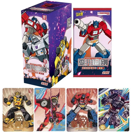 Boîte de cartes à collectionner Transformers avec Optimus Prime et robots colorés en pose dynamique – Transformers.