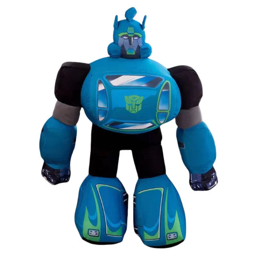 Peluche robot bleu inspirée d'un personnage Transformers, style cartoon, logo, fond blanc – Transformers.