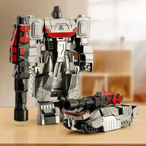 Jouet robot Megatron gris et rouge transformable en tank, posé sur une table, intérieur moderne – Transformers.