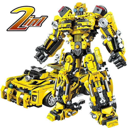 Robot jaune transformable en voiture, style bloc de construction, posture dynamique, fond blanc – Transformers.