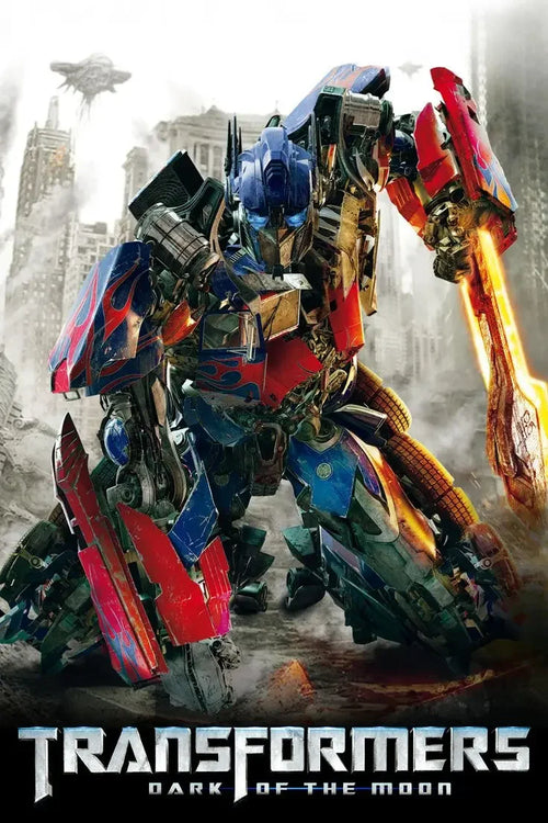 Affiche Transformers Dark of the Moon avec un robot bleu et rouge armé, en ville en ruines – Transformers.