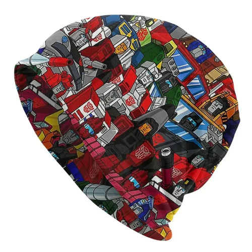 Bonnet multicolore avec illustrations de robots Autobots, style bande dessinée dynamique – Transformers.