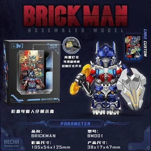 Figurine Brickman robot articulée, couleurs bleu, rouge, argent, avec arme et masque – Transformers.